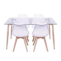 Conjunto de Sala de Jantar Mesa com Tampo de Vidro com 4 Cadeiras com Base de Madeira Branco