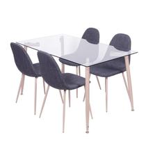 Conjunto de Sala de Jantar Mesa com Tampo de Vidro com 4 Cadeiras com Base de Madeira OR Design