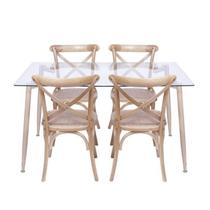 Conjunto de Sala de Jantar Mesa com Tampo de Vidro com 4 Cadeiras de Madeira Bege Conjunto de Sala de Jantar Mesa com Tampo de Vidro com 4 Cadeiras de Madeira Bege