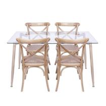 Conjunto de Sala de Jantar Mesa com Tampo de Vidro com 4 Cadeiras de Madeira