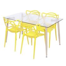 Conjunto de Sala de Jantar Mesa com Tampo de Vidro com 4 Cadeiras Solna Allegra Amarelo
