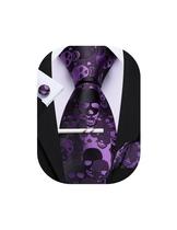 Conjunto de seda preta Tie Barry.Wang Halloween Skull Purple Black Seda Masculino Conjunto de seda preta Tie Barry.Wang Halloween Skull Purple Black Seda Masculino