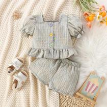 Conjunto De Shorts De Algodão Xadrez De Verão Para Bebês Meninas Com Manga Bolha Estilo Princesa