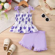 Conjunto De Shorts De Renda Com Camisola Floral De Verão Para Meninas Casual Festa Ao Ar Livre