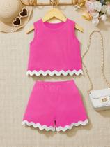 Conjunto De Shorts E Colete De Renda Em Cor Sólida Para Meninas, Estilo De Férias De Verão Conjunto De Shorts E Colete De Renda Em Cor Sólida Para Meninas, Estilo De Férias De Verão