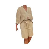 Conjunto De Shorts Feminino plus Size De Verão Com Decote Em V E Mangas Curtas Em Algodão E Linho