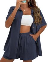 Conjunto de shorts femininos de verão de algodão e linho da APAFES, tamanho azul marinho Conjunto de shorts femininos de verão de algodão e linho da APAFES, tamanho azul marinho