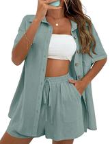 Conjunto de shorts femininos de verão de algodão e linho da APAFES, verde claro Conjunto de shorts femininos de verão de algodão e linho da APAFES, verde claro