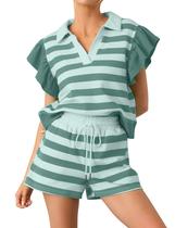 Conjunto de shorts HOCANDY listrado para mulheres com blusa e shorts com babados