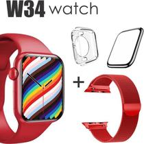 Conjunto de Smartwatch W34 com Pulseira extra mais case protetora e Pelicula 3D Cor: Vermelho