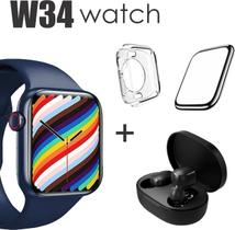 Conjunto de Smartwatch W34 mais Fone Bluetooth case protetora e Pelicula 3D Cor: Azul