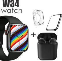 Conjunto de Smartwatch W34 mais Fone I12 case protetora e Pelicula 3D Cor: Preto