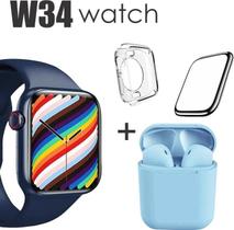 Conjunto de Smartwatch W34 mais Fone inpods 12 case protetora e Pelicula 3D Cor: azul