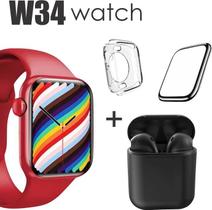 Conjunto de Smartwatch W34 mais Fone inpods 12 case protetora e Pelicula 3D Cor: Vermelho - W34S PLUS