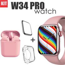 Conjunto de Smartwatch W34 PRO com Fone i12 mais case e Pelicula 3D Cor: Rosa