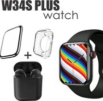 Conjunto de Smartwatch W34S PLUS mais Fone inpods 12 case protetora e Pelicula 3D Cor: Preto