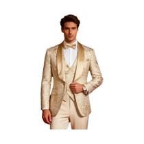 Conjunto De Smoking Formal Masculino Elegante Em Jacquard Champanhe De 3 Peças Com Lapela Xale