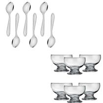 Conjunto de Sobremesa Bolos Sorvetes 6 Colheres Inox 6 Taças Vidro 220ml