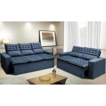 Conjunto de Sofá 3 e 2 Lugares Retrátil e Reclinável Cama inBox Slim 2,00x1,50m Velusoft Azul