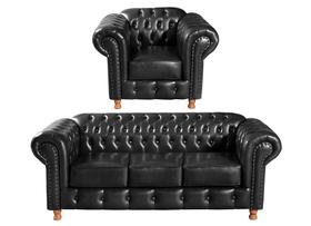 Conjunto de Sofá 3 Lugares e 1 Poltrona Chesterfield Luís Xv Preto