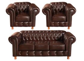 Conjunto de Sofá 3 Lugares e 2 Poltronas Chesterfield Luís Xv Marrom Café Conjunto de Sofá 3 Lugares e 2 Poltronas Chesterfield Luís Xv Marrom Café