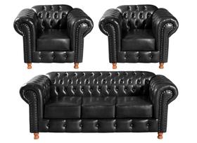 Conjunto de Sofá 3 Lugares e 2 Poltronas Chesterfield Luís Xv Preto