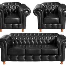 Conjunto de Sofá 3 Lugares e 2 Poltronas Chesterfield Luís Xv Preto