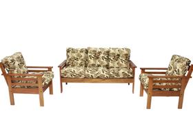 Conjunto de sofá 3 lugares e poltronas em madeira