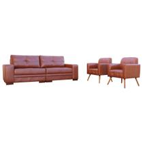Conjunto de Sofá 4 Lugares Bipartido 260cm com 2 Poltronas Bia/Milano Couro Caramelo G58 - Gran Belo Conjunto de Sofá 4 Lugares Bipartido 260cm com 2 Poltronas Bia/Milano Couro Caramelo G58 - Gran Belo