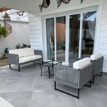 Conjunto de Sofá Bahamas Corda Náutica em Tela - 1 Sofá + 2 Poltronas + Mesa centro - Tecido Duna Cru