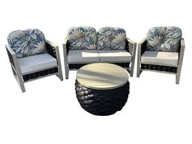 Conjunto de sofá e poltronas em tricô náutico e alumínio