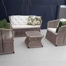 Conjunto de Sofá em Corda Náutica Bambu - 1 Sofá 2l + 2 Poltronas + 1 Mesa Centro - Tecido Duna Cru