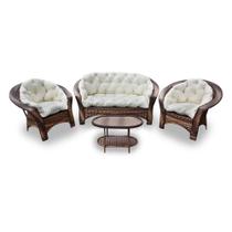 Conjunto de Sofá Fibra Sintética 19 - 1 Sofá 2 L + 2 Poltronas + 1 Mesa Centro - Tecido Duna Cru