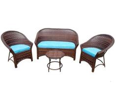 Conjunto de Sofá Fibra Sintética Bali Fino - 1 Sofá 2L + 2 Poltronas + 1 Mesa Centro - Duna Turquesa