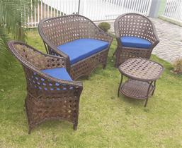 Conjunto de Sofá Fibra Sintética Berlim Trançado - 1 Sofá 2L + 2 Poltronas + 1 Mesa de Centro - Tecido Linum Azul