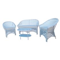 Conjunto de Sofá Fibra Sintética Branca Bali Trançado - 1 Sofá 2L + 2 Poltronas + 1 Mesa de Centro - Tecido Duna Cru