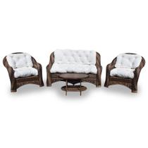 Conjunto de Sofá Fibra Sintética Melo - 1 Sofá 2 L + 2 Poltronas + 1 Mesa Centro - Tecido Duna Cru