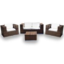 Conjunto de Sofá Fibra Sintética Quadrado - 1 Sofá 2L + 2 Poltronas + 1 Mesa Centro - Tecido Duna Cru
