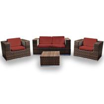 Conjunto de Sofá Fibra Sintética Quadrado - 1 Sofá 2L + 2 Poltronas + 1 Mesa Centro - Tecido Duna Vermelho