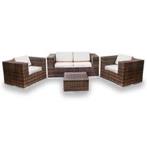 Conjunto de Sofá Fibra Sintética Quadrado - 1 Sofá 2L + 2 Poltronas + 1 Mesa Centro - Tecido Linum Bege