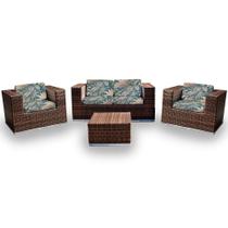 Conjunto de Sofá Fibra Sintética Quadrado - 1 Sofá 2L + 2 Poltronas + 1 Mesa Centro - Tecido Palmares Petróleo
