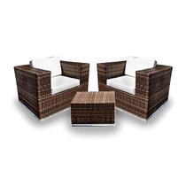 Conjunto de Sofá Fibra Sintética Quadrado - 2 Poltronas + 1 Mesa Centro - Tecido Duna Cru