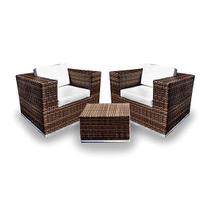 Conjunto de Sofá Fibra Sintética Quadrado - 2 Poltronas + 1 Mesa Centro - Tecido Duna Cru