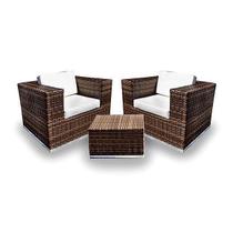 Conjunto de Sofá Fibra Sintética Quadrado - 2 Poltronas + 1 Mesa Centro - Tecido Duna Cru