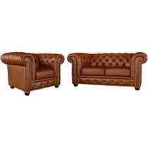 Conjunto de Sofá Sala de Estar Chesterfield Pés Madeira Couro Conhaque Brilho - Gran Belo