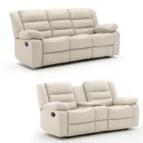 Conjunto de Sofás 2 e 3 Lugares Sala de Estar Reclinável Oscar Manual Aquecimento Massagem Porta Copos PU Bege G94 - Laura Lar
