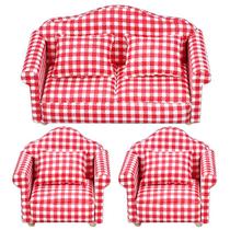 Conjunto de sofás Dollhouse em madeira e tecido quadriculados vermelhos em escala 1:12