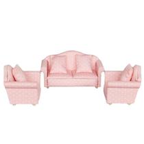 Conjunto de sofás Dollhouse em miniatura em tecido rosa de bolinhas em escala 1:12