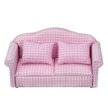 Conjunto de sofás Dollhouse em tecido de madeira quadriculado rosa em escala 1:12