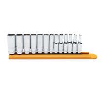 Conjunto de soquetes GEARWRENCH 13 unidades. Unidade 1/4 de 6 pontos Métrica profunda Conjunto de soquetes GEARWRENCH 13 unidades. Unidade 1/4 de 6 pontos Métrica profunda